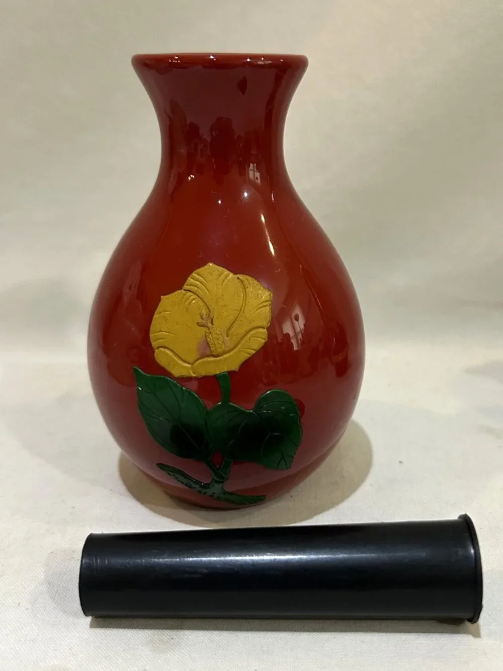 Japanese Red Lacquered Bud Vase Floral Pattern with Plastic Insert